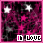 Animated contact sheet of a 48x48 pixel buddy icon showing "IN LOVE" text with pink and white stars on a dark background, cycling through frame variations.