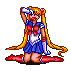 Pixel art of a kneeling anime character with long blonde pigtails, blue sailor uniform, red bow, and red boots, holding a blue and white object above her head.