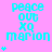 A static image with cyan text and small stars on a pink background, displaying 'peace out xq marion' repeated in three