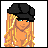 Pixel art character with long blonde hair, black cap, white crop top, and dark pants; text "love you" below.