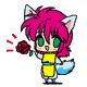 Pixel art character with pink hair and cat ears holding a rose on left frame, then holding an envelope with red heart on right frame against gray background.