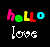Pixelated text 'Hello' in pink, green, yellow, red, cyan above white pixelated 'love' on black background.