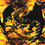 A circular icon with a fiery orange and yellow background featuring swirling patterns, black outlines of stylized shapes resembling flames or abstract forms.