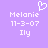 Pixelated purple background with white text and a heart symbol, showing two identical side-by-side layouts of 'Melanie', '11-3-07', and 'Ily' with one version having an additional pixelated heart above the name.