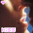 four and four shows repeated images with pink text reading KISS, a small heart icon above each image, and blurred figures in the background