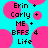 Pixelated text on cyan background with pink circular shapes, displaying names and phrases in black block letters.