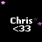 Black background with repeated 'Chris <33' text and pink/purple star animations in a