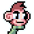 Pixel art of a character with brown hair, light skin, and a green outfit holding a pink rose, set against a gray background.