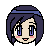 Pixel art contact sheet of two animated frames showing a chibi-style character with dark purple hair and blue headband, first frame with open eyes and pink cheeks, second frame with closed eyes and winking expression plus floating hearts.