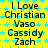 Yellow background with blue star pattern, repeated text "I Love Christian Vaso Cassidy Zach" in black font across three