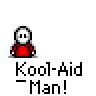 A 4x3 contact sheet of pixel art frames showing Kool-Aid Man breaking through walls with a red body, blue ice-like shell, and white stick-figure head, accompanied by repeated "Kool-Aid Man!" text.