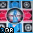 blue and red with circular icons, text "DDR" in black-and-white blocks, and pink star symbols shifting positions