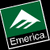 Green square icon with white mountain symbol and black text 'Emarica' on bottom, adjacent to golden triangle logo above matching text.