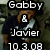 A person in a black shirt with white text lies on a couch, holding a white object under their head. Text overlays read "Gabby & Javier 10.3.08".