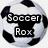 Pixelated soccer ball icon with text overlays: "Soccer Rox" top-left, "My soccer team is awesome" top-right, and "Go Fusion!!!!" bottom.