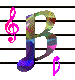 musical note icons on a staff, each with a colored treble clef and matching color accents