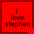 Red square icon with black text "i love stephen" and a horizontal line beneath the text; one variant includes a small black heart symbol in the bottom-right corner.