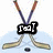 Crossed hockey sticks with a puck on light blue background, text changes across frames.