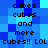 Blue pixelated background with repeated text 'cubes and more cubes!! LOL' in black pixelated font across two