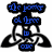 Pixelated blue and black icon with stylized text elements arranged in a vertical layout, featuring a central circular shape and triangular base.