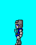 Pixelated robot character in blue and gray armor walking left to right across cyan background, with visible animation frames showing sequential leg and arm movement.