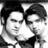 Black-and-white pixelated image of two people in close proximity with text elements below and right.