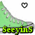 Green high-top shoe with white laces and gray sole, text 'Seeyous' below, heart symbol above changing from outline to solid black.