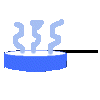 Blue circular base with white top and black handle, emitting light blue wavy steam in four distinct animated configurations.