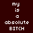 A static pixel art image with dark brown background and white text reading "my is a absolute BITCH" where specific words change color to blue across three