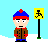 Pixel art character in blue-red hat and brown coat stands beside yellow pedestrian sign with black walking figure, text above reads 'HEY WENDY UR A Gitch!', text below changes to 'Right here' then 'Buddy!' across frames.