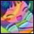 A 48x48 pixel buddy icon featuring a colorful, abstract anime-style character on the left and text elements on the right against a black background.