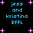 Pixelated text reads 'jess and kristina BFFL' with pink starbursts on black background, showing animation changes in star positions and text color variations.