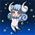 Pixelated cartoon character with light blue hair and white horns floating against a dark blue starry background, wearing a white outfit with circular patterns on the sleeves.