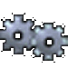 Animated sequence of metallic gear icons with varying shades of gray and blue, arranged in with text labels above each
