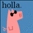 Pixelated pink pig wearing black sunglasses with 'holla.' text above on blue background, displayed in a four
