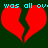 Red broken heart shapes and cyan text 'was all ov.' on a dark green background with pixelated animation.