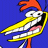 Pixelated cartoon chicken with red comb, yellow beak, white body, and pink accents on blue background.