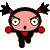 Pixelated character with black pigtails, red hair ties, and red circular earrings; pink face with wide white eyes and open mouth; black outfit with red heart on chest.