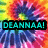 six identical tie-dye background with the text DEANNA! in different colors across each