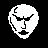 Pixelated white face with black crescent moon on forehead, angry expression, closed mouth; eyes open yellow-green in one frame, red lips visible.