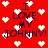 Red background with white pixelated hearts and dark blue text reading "I LOVE MY JOHNNY!" in a pattern