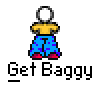 Pixel art contact sheet of a 5-frame animated buddy icon showing a stick figure with changing pants colors and facial expressions beneath "Get Baggy" text.