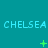 Teal background with repeated light blue 'CHELSEA' text in three , green plus and star symbols scattered across the image