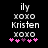 Pixelated icon with 'ily' text above XOXO, 'Kristen' name below, and five pink/purple hearts at the bottom on black background.