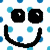 Four pixelated black smiley faces with varying eye shapes and mouth curves on a white background with scattered blue dots.