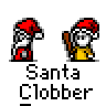 Animated contact sheet of pixel art Santa Clobber character performing various actions with a brown stick, including waving, holding the stick, and interacting with another smaller version of himself on gray background.
