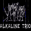 Four identical display white line-drawn figures against black background with 'ALKALINE TRIO' text below each, two show a star on the right edge