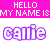 Pixelated text displays 'HELLO MY NAME IS' above two versions of the name 'callie', one in purple and one in pink, on a white background.