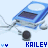 Pixelated blue and white device with dark screen, connected by gray wires to black circular objects on light background.