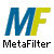 Blue and yellow 'MF' letters above black-and-white pixelated 'MetaFilter' text on a gray background.